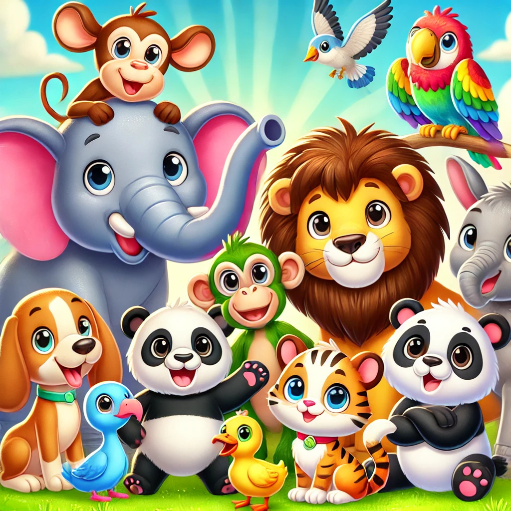 An assortment of friendly cartoon animals.