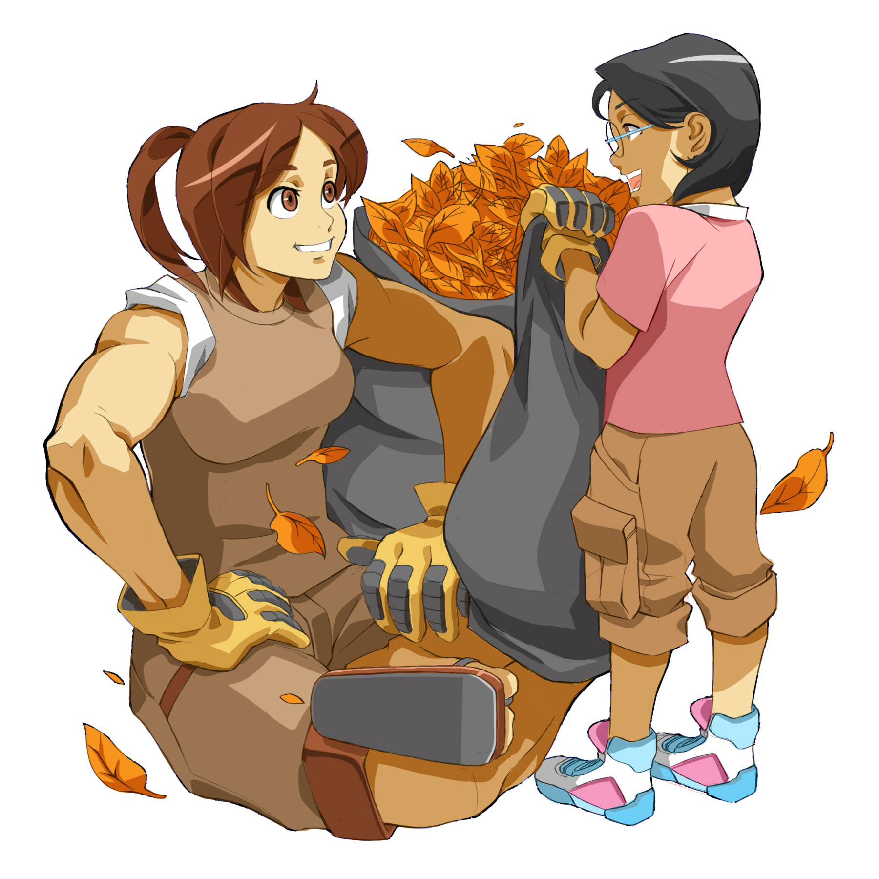 Cartoon illustration of an adult and a child collecting food waste for composting.