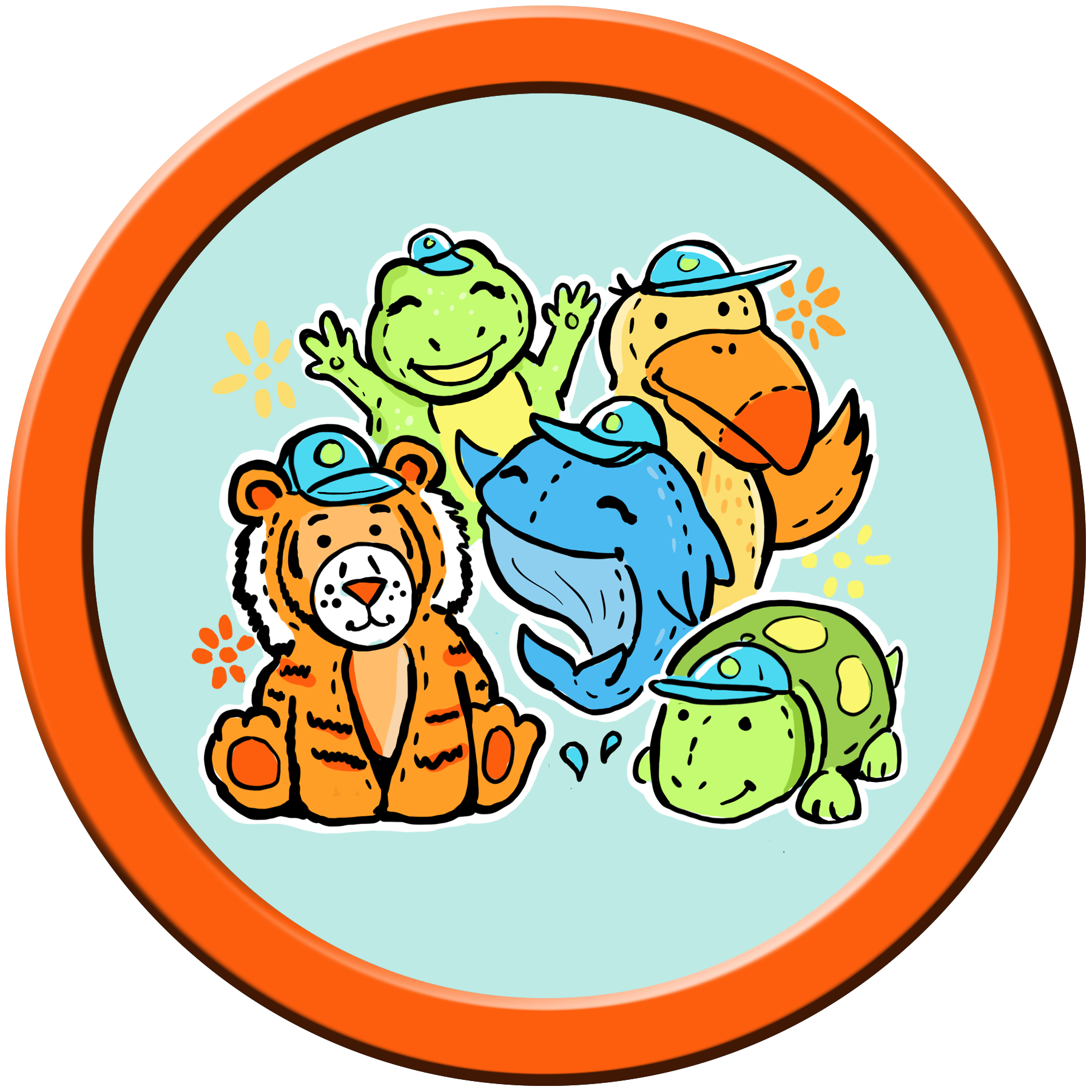 A cartoon merit badge with several stuffed animals in the center of the badge.