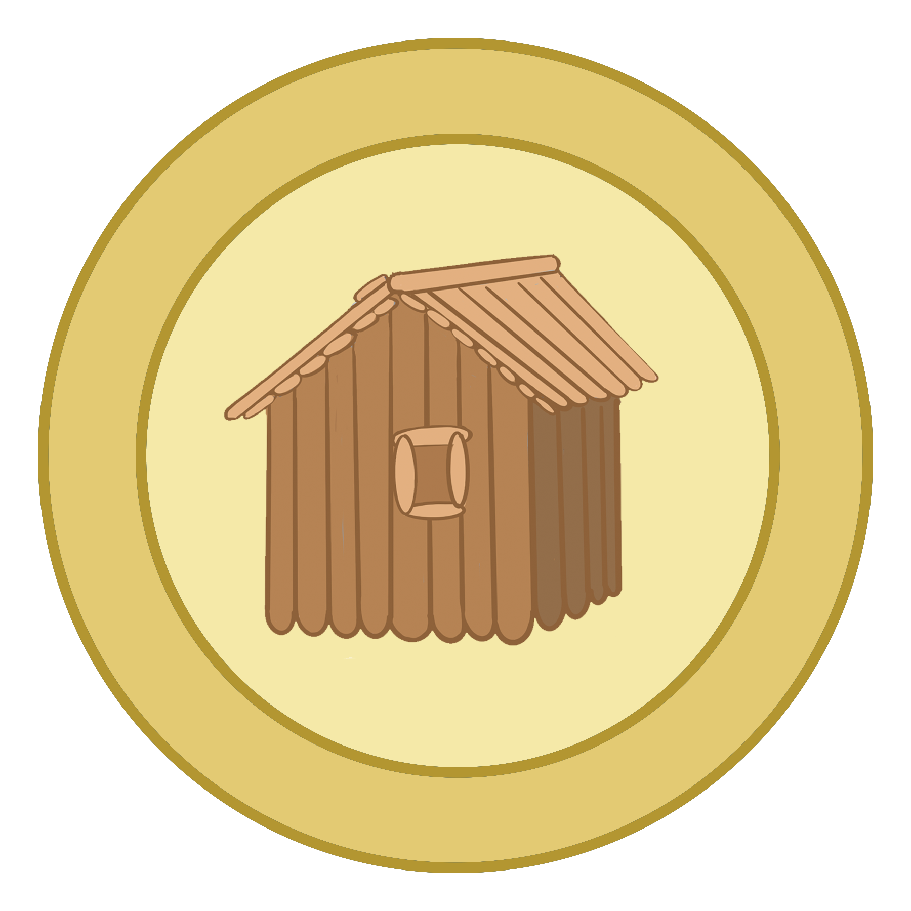 A round badge with an illustration of a log cabin in the middle