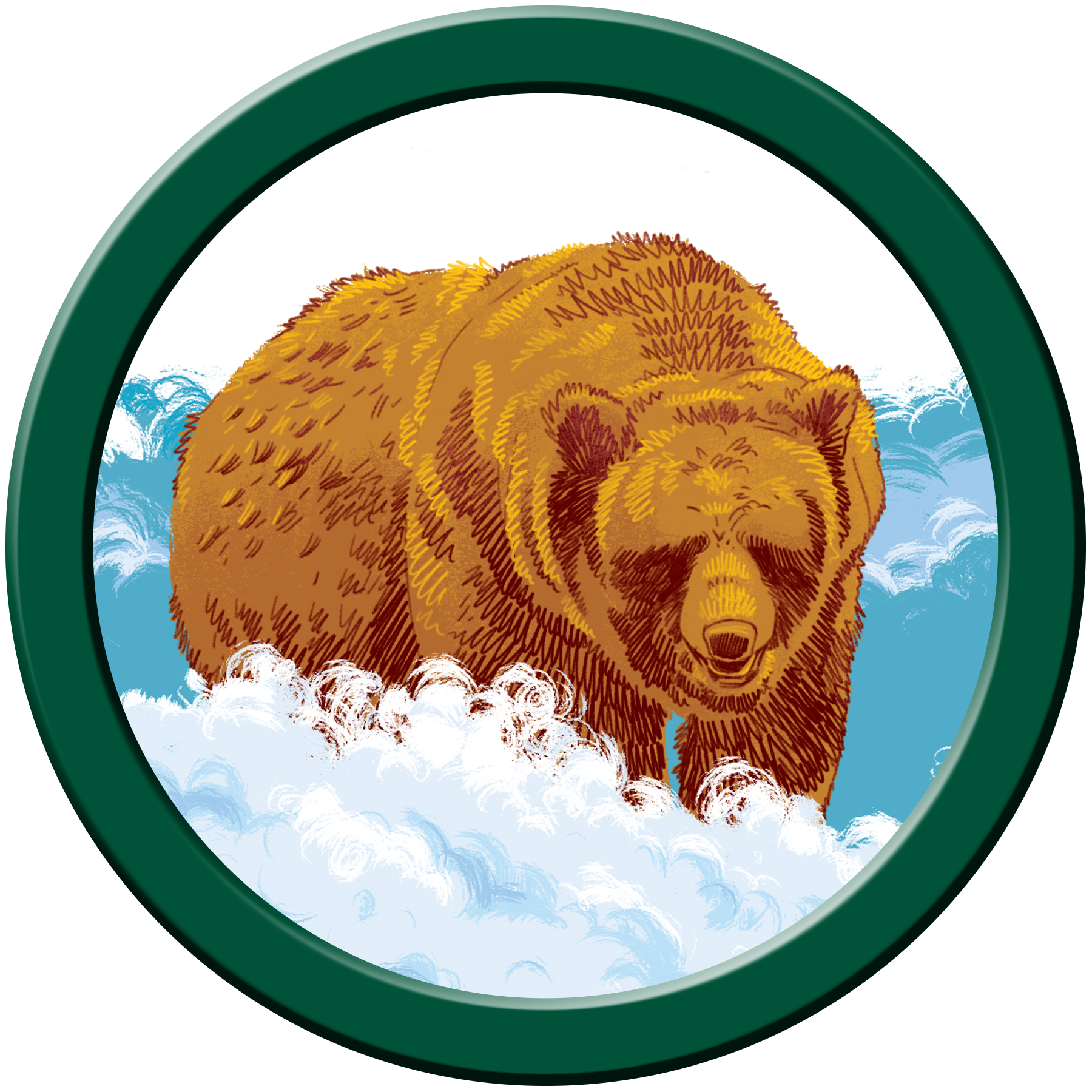 A merit badge with an image of a grizzly bear.