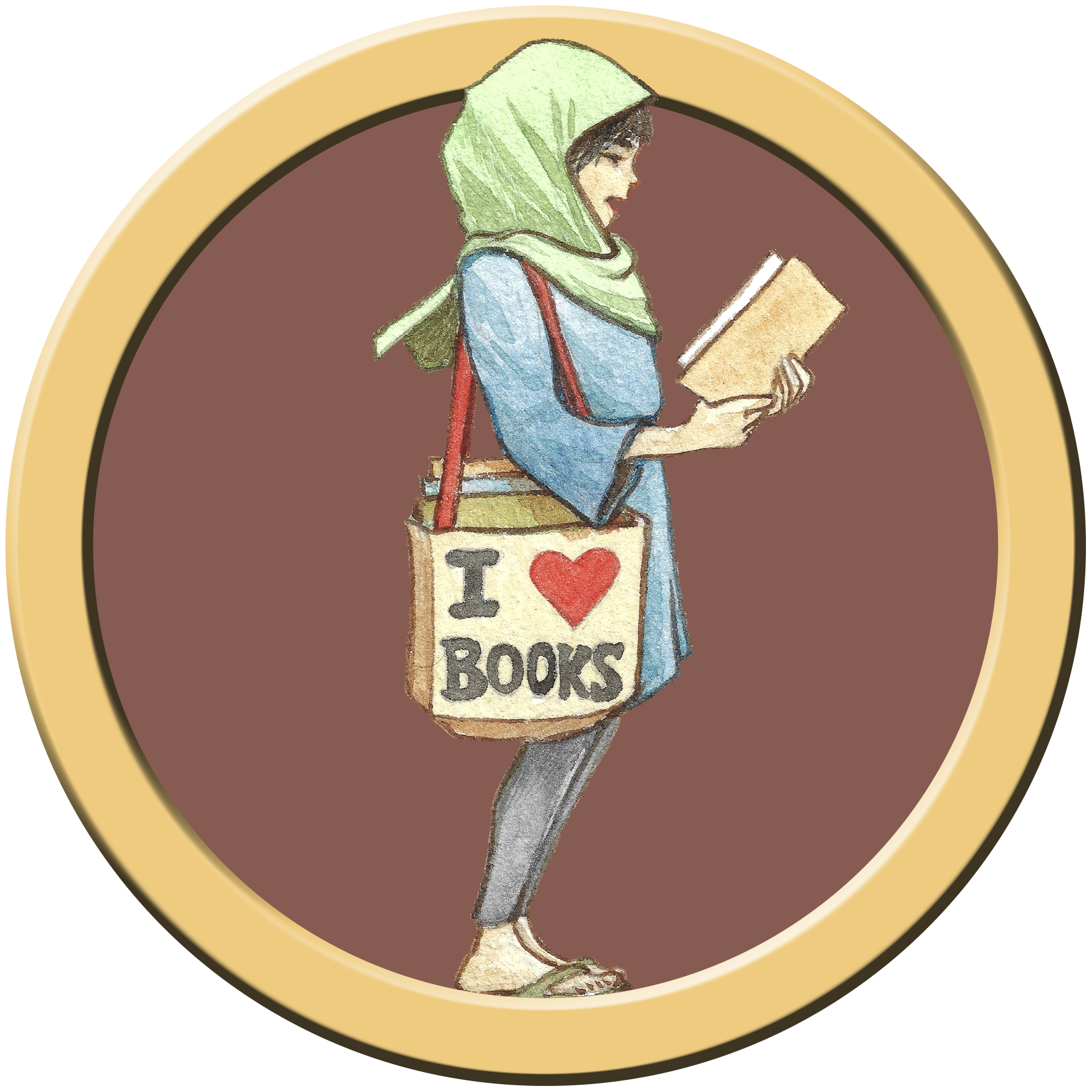 Illustration: a girl is wearing jeans, a long-sleeved shirt, and a hijab.  She is reading a book.  A tote bag hangs from her shoulder.  The tote bag says "I (heart emoji) Books" on it.