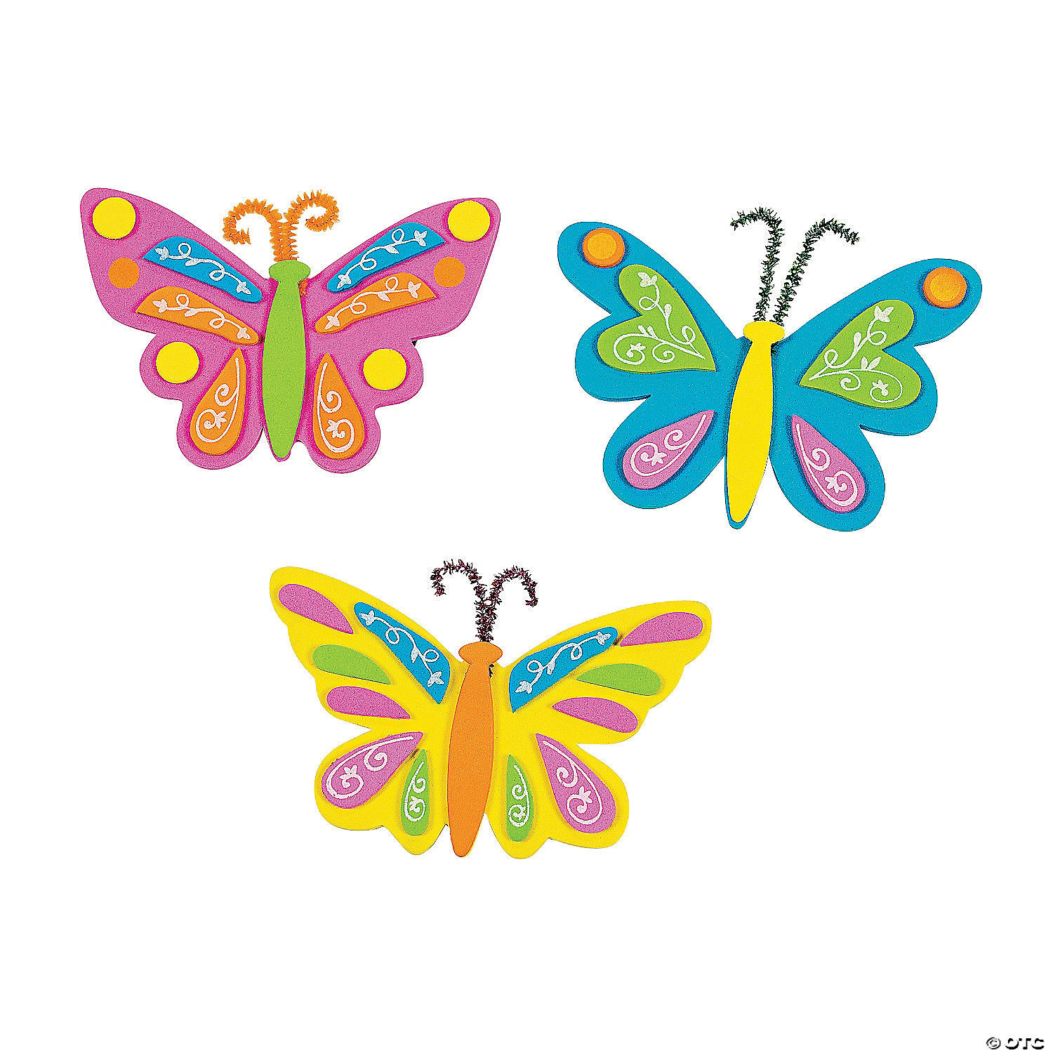 Three colorful butterflies made of craft foam and pipe cleaners.