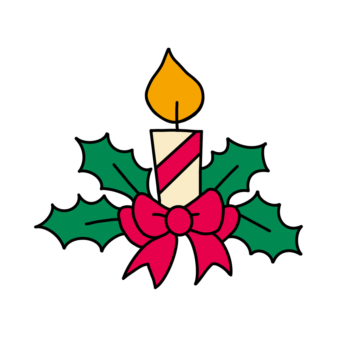 Illustration of a red and white striped candle surrounded by holly leaves and berries.  A red ribbon is tied in a bow at the base of the candle.