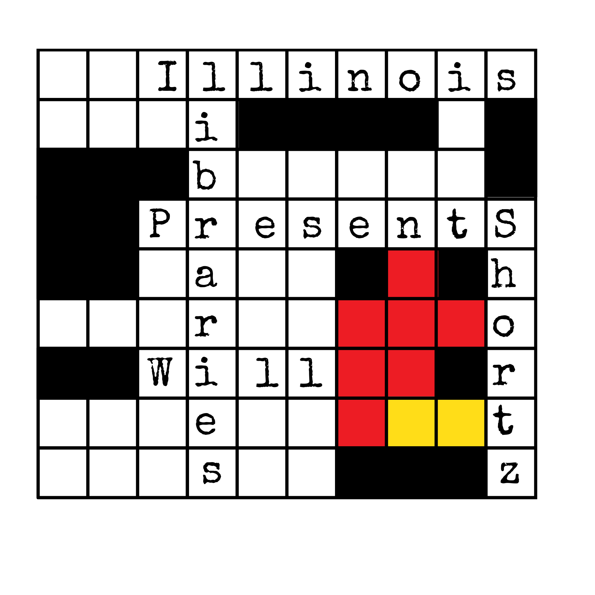 A crossword puzzle with letters filled in spelling out "Illinois Libraries Present Will Shortz."