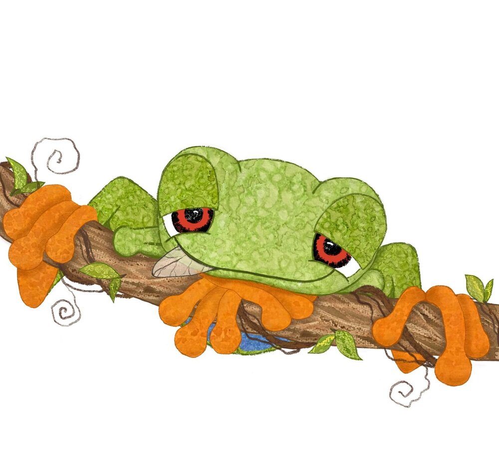 A sleepy green tree frog clinging to a tree branch.