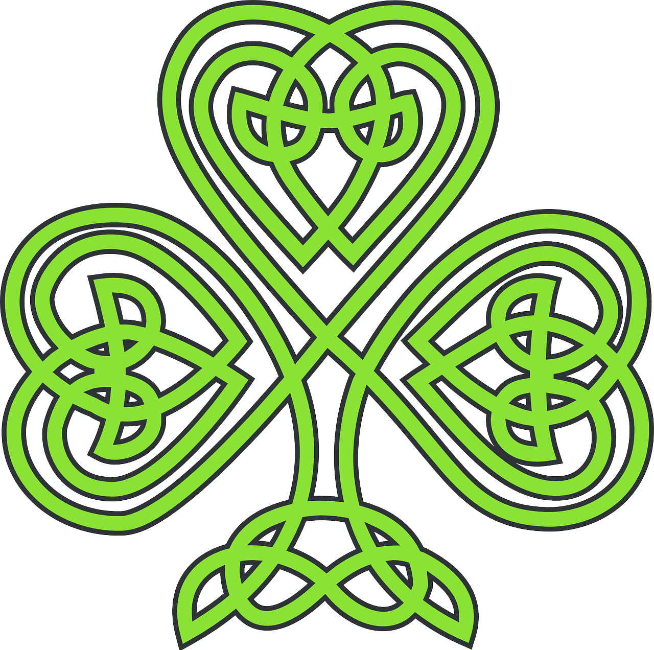 A traditional Celtic knot design in the shape of a 3-leaf shamrock.