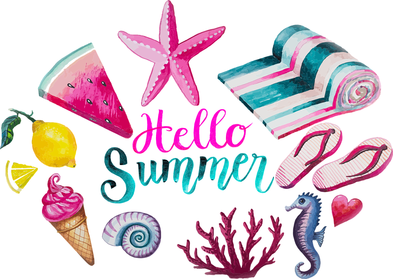 A watercolor illustration of items related to Summer.  Items are arranged in a circle around the words "Hello Summer."  Clockwise from the top - a starfish, a striped beach towel, flip flops, a seahorse, coral, a spiral seashell, an ice cream cone, a lemon, and a slice of watermelon.