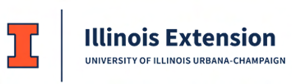 An orange capital letter "I" with a dark blue border.  Text: Illinois Extension, University of Illinois Champaign-Urbana