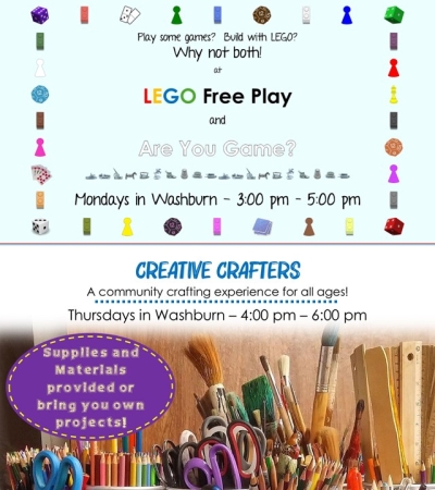 Promotional images for LEGO Free Play and Are You Game on Mondays and Creative Crafters on Thursdays.