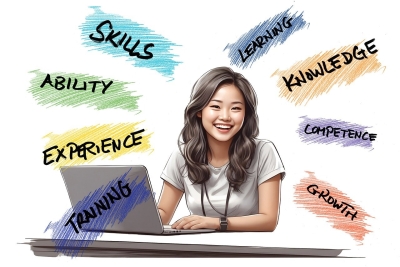 A smiling woman sitting in front of a laptop.  Text: Training, Experience, Ability, Skills, Learning, Knowledge, Competence, Growth.