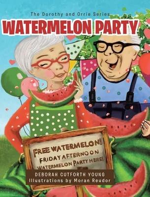 Two elderly people with watermelons and a sign inviting people to a watermelon party.