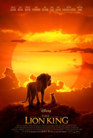 A male lion and a lion cub standing at the top of a bluff, silhouetted against the setting sun.  Text: The Lion King