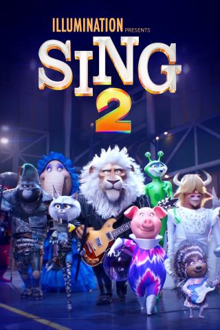 A group of anthropomorphic animals holding musical instruments are standing onstage in a spotlight.