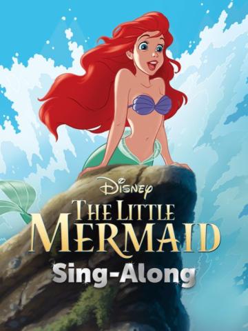 A red-headed mermaid is perched atop a rock while waves splash around her.  Text: The Little Mermaid Sing-Along.