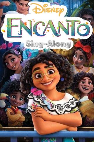 Movie cover for Encanto: a smiling girl with dark, curly hair and glasses wearing a decorative South American outfit.