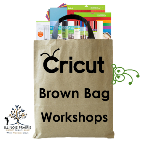 A brown paper bag filled with various Cricut supplies and materials.  A Cricut logo Cutie is peeking out from behind the bag on the right-hand side.