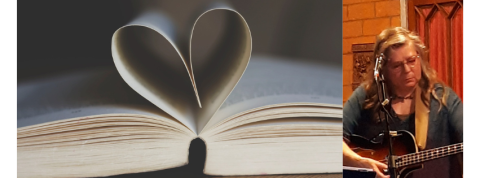 A picture of an open book with two pages folded into a heart with a picture of Jane Groeper playing the guitar next to it.