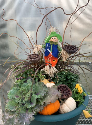 A garden pot is filled with a variety of plants and accessorized with fall-themed decorations, including a small scarecrow, two small fist-sized pumpkins (one orange and one white), and an assortment of bare twigs and branches.