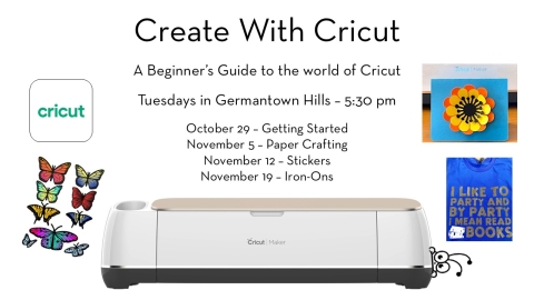 A Cricut cutting machine and text detailing the various classes and dates