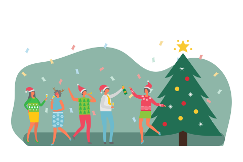 Cartoon illustration of people dressed in holiday outfits, celebrating around a Christmas tree.