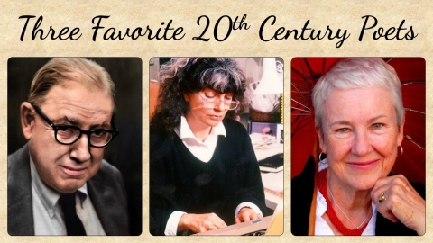 Text: Three Favorite 20th Century Poets.  Graphics: photos of a man (Ogden Nash) in a suitcoat, shirt, and tie, a woman (Jane Kenyon) typing on a typewriter, and a smiling woman (Luci Shaw) holding a red umbrella.