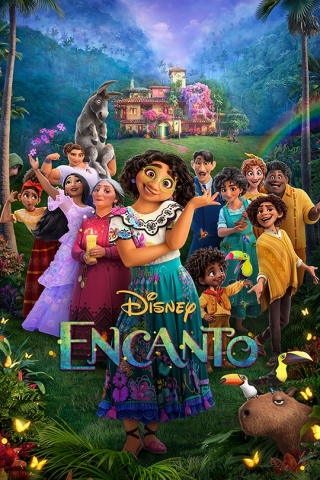 Movie poster for Disney's Encanto. An illustration of a Hispanic family standing in front of a large, multigenerational home.