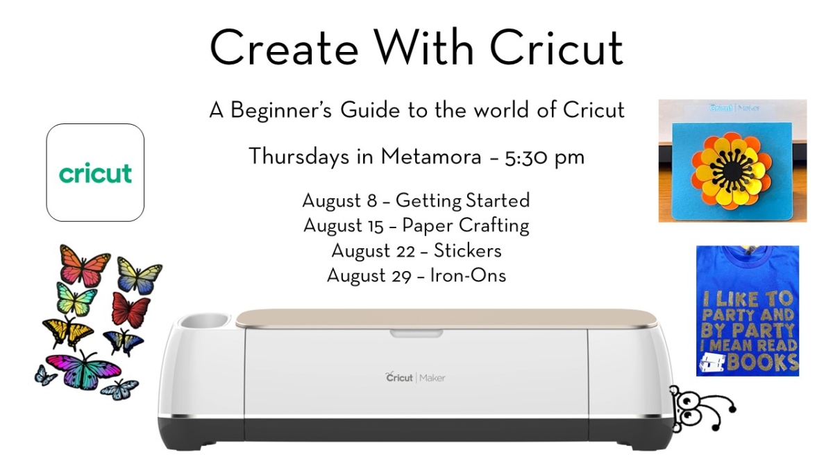 A Cricut cutting machine and text detailing the various classes and dates