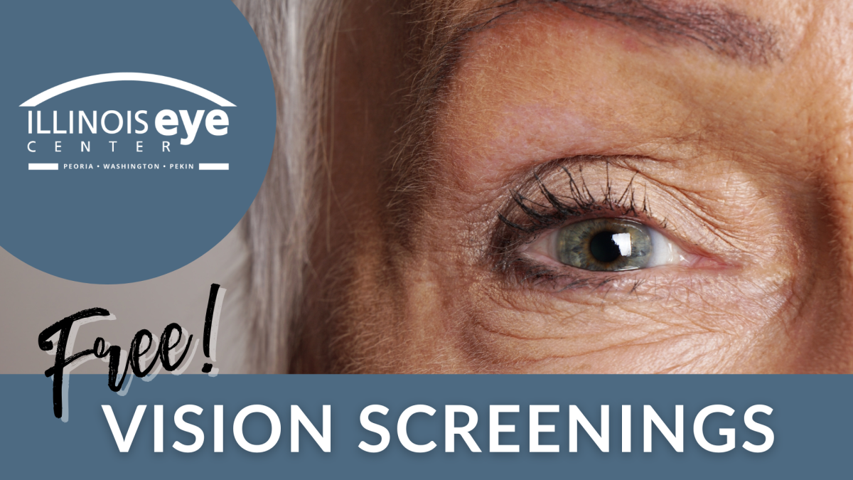 An older person's eye.  Text: Illinois Eye Center Free Vision Screenings