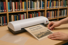 A document lamination machine on a table in a library being used to laminate a document.